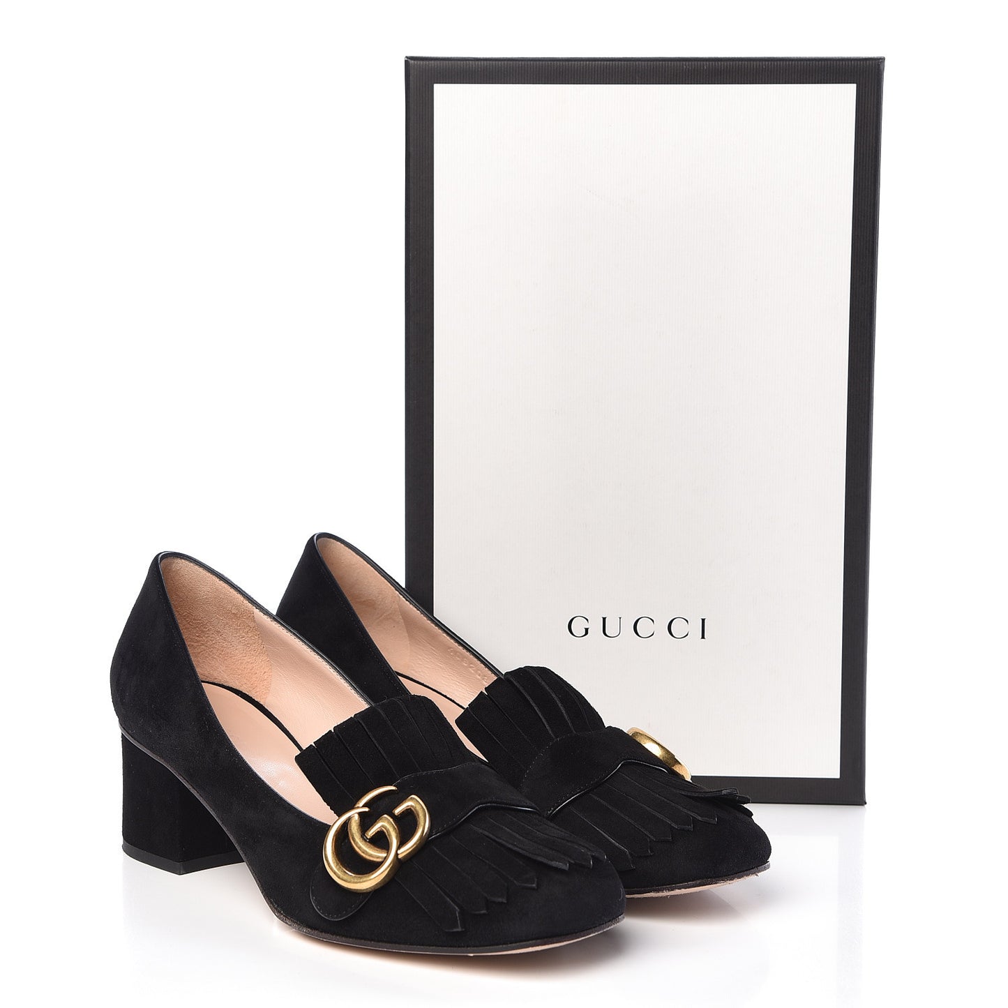 Kid Scamosciato GG Marmont Fringe 50mm Loafer Pumps 38.5 Black