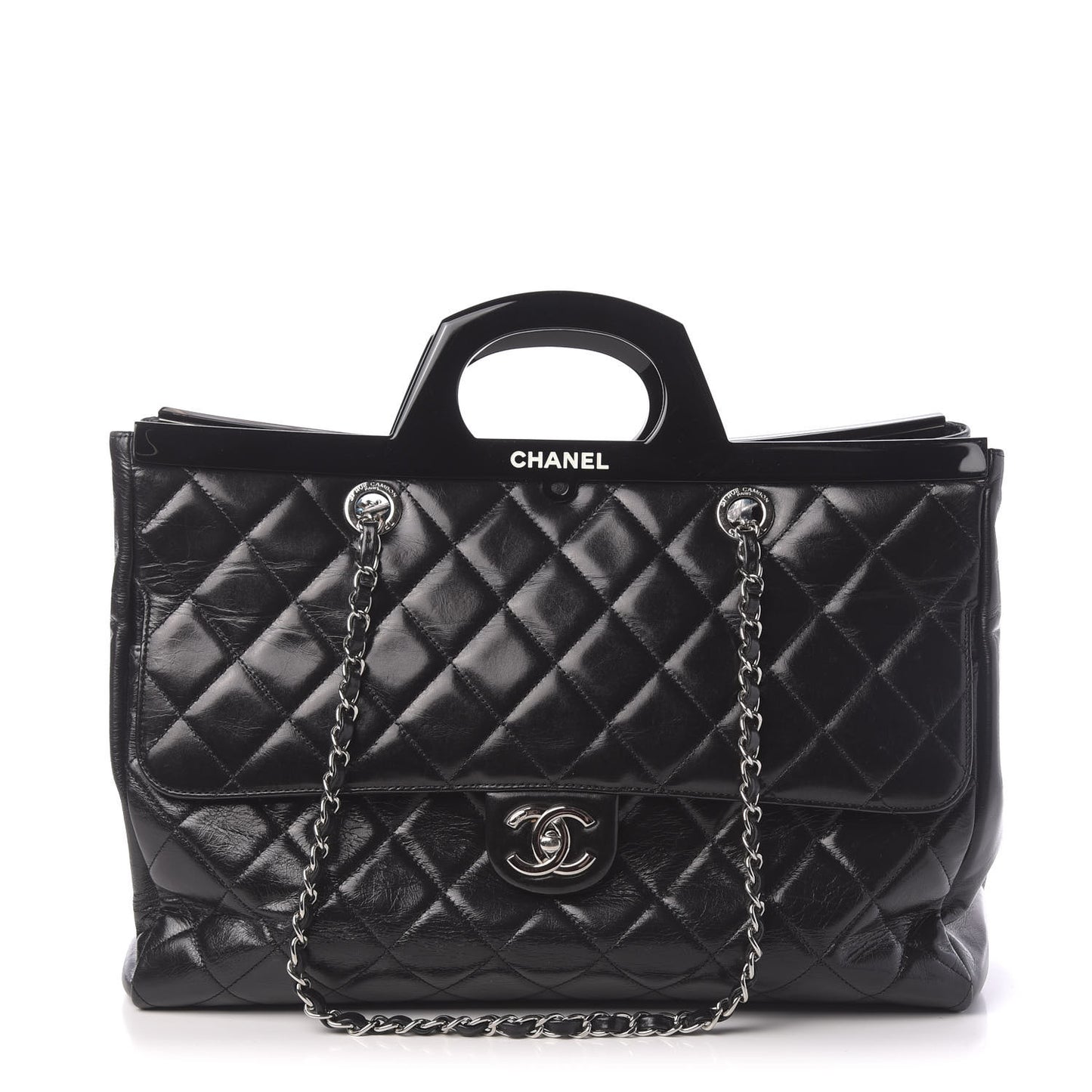 Glazed Calfskin Quilted Large CC Delivery Tote Black