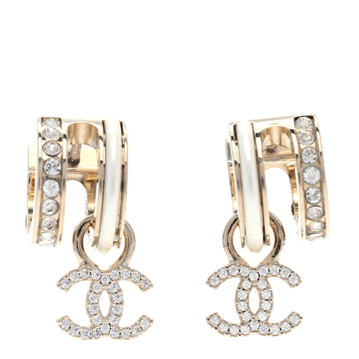 Crystal CC Hoop Drop Earrings Gold Pearly White