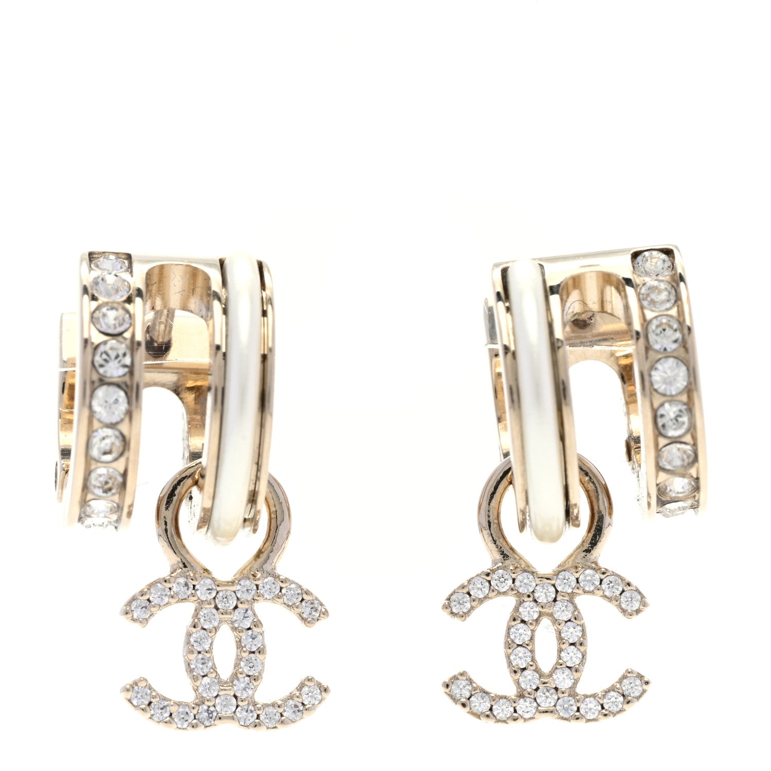 Chanel Crystal CC Hoop Drop Earrings Gold Pearly White 1 of 5