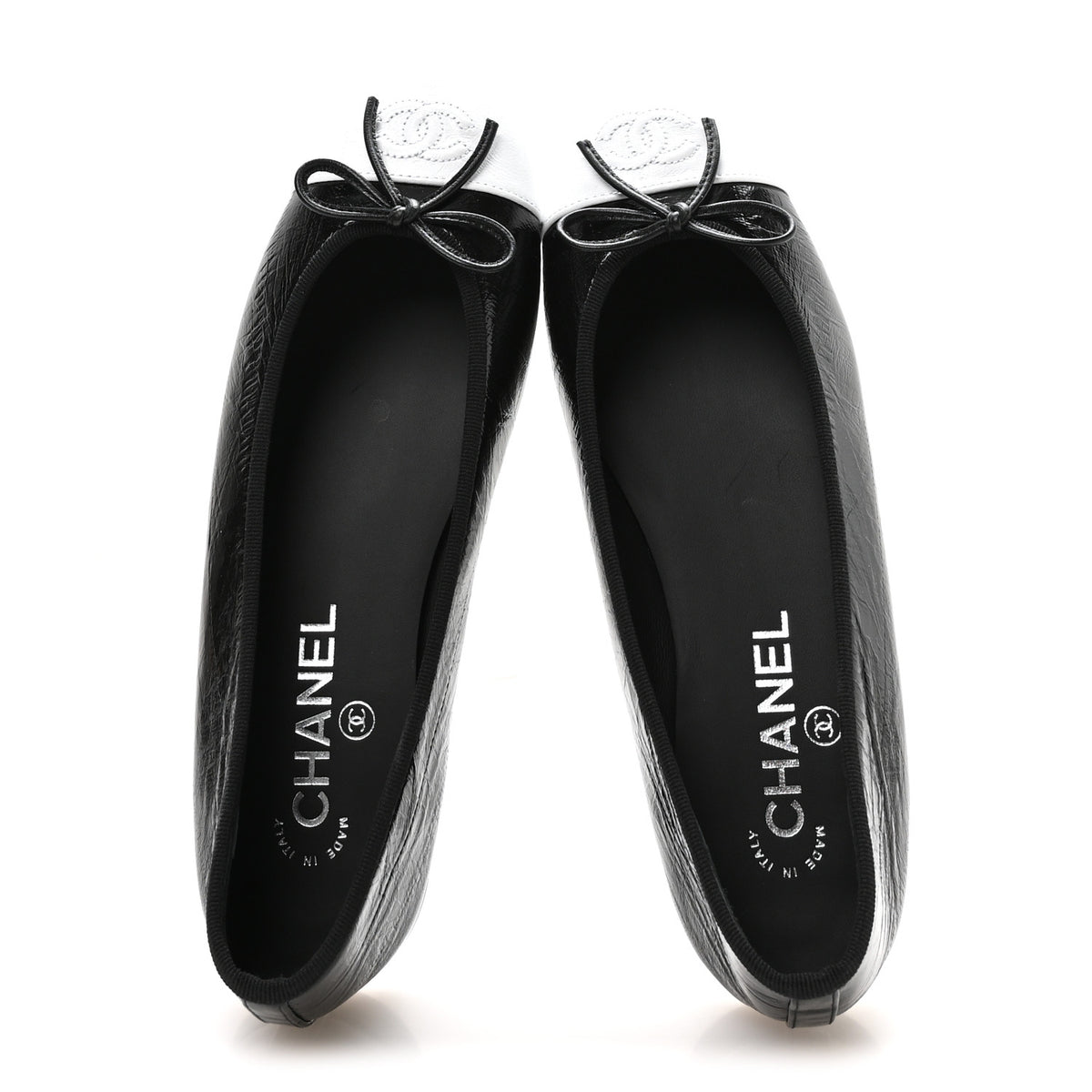 Crumpled Shiny Lambskin Cap Toe CC Ballerina Flats 38 Black White