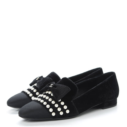 Chanel Velvet Grosgrain Pearls Moccasin Loafers 40 Black 3 of 7