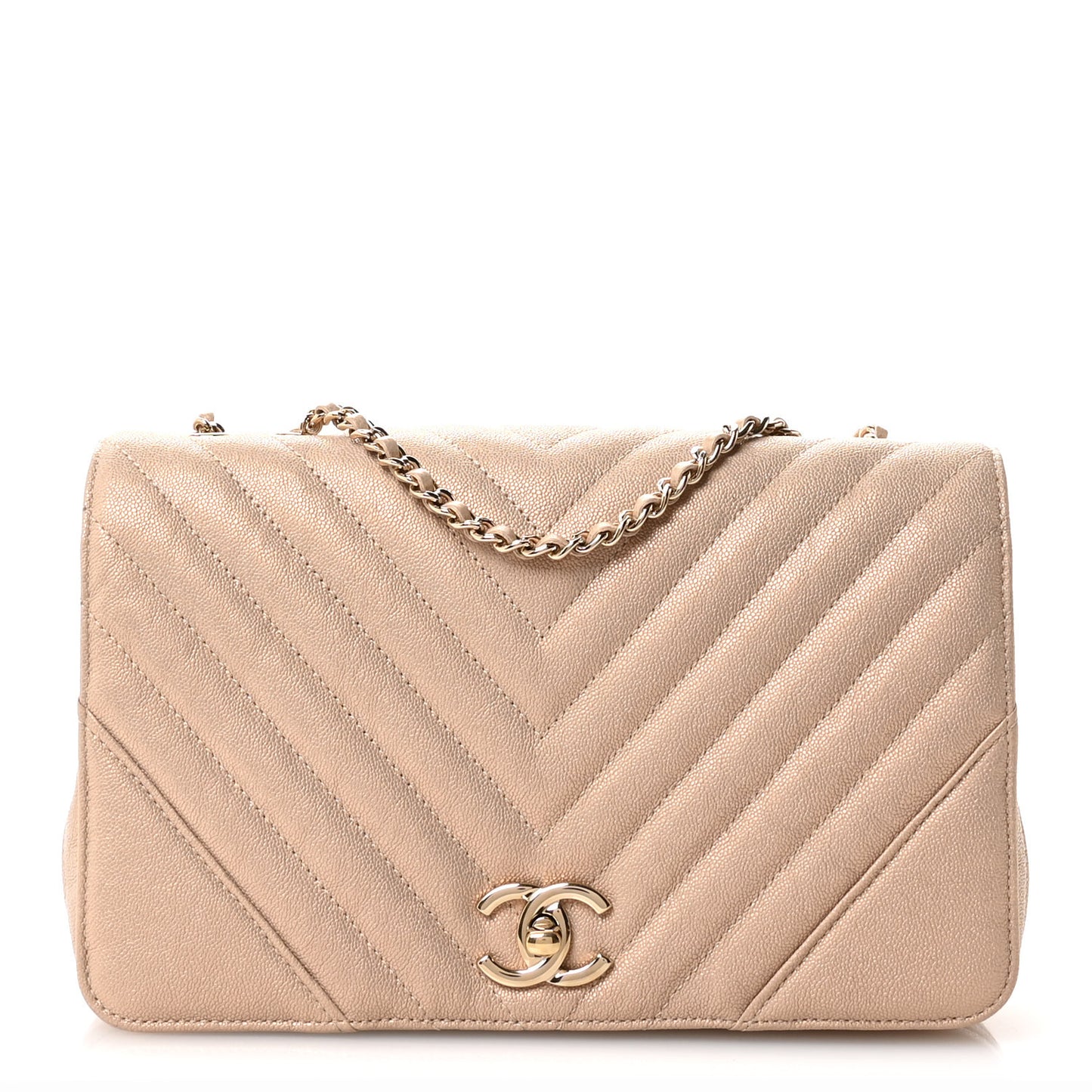 Metallic Caviar Chevron Quilted Medium Statement Flap Beige