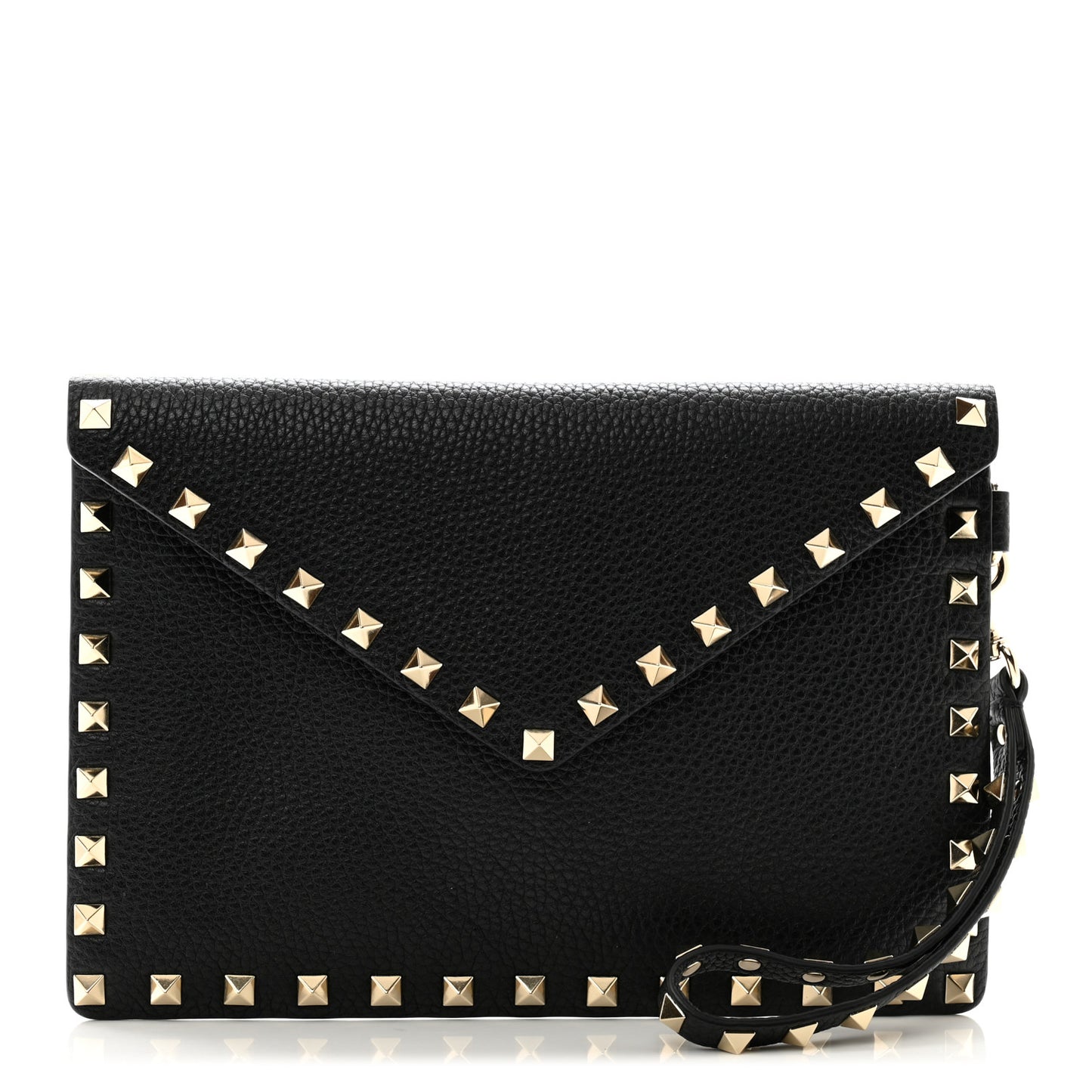 Pebbled Calfskin Medium Rockstud Envelope Flat Wristlet Pouch Black