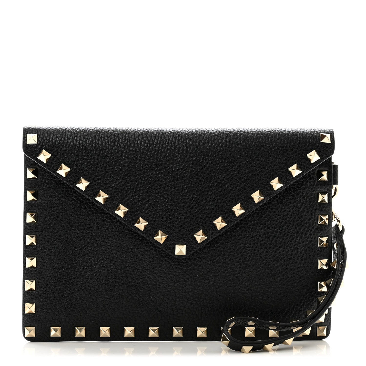 Valentino Garavani Pebbled Calfskin Medium Rockstud Envelope Flat Wristlet Pouch Black 1 of 8