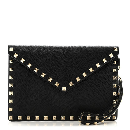 Valentino Garavani Pebbled Calfskin Medium Rockstud Envelope Flat Wristlet Pouch Black 1 of 8