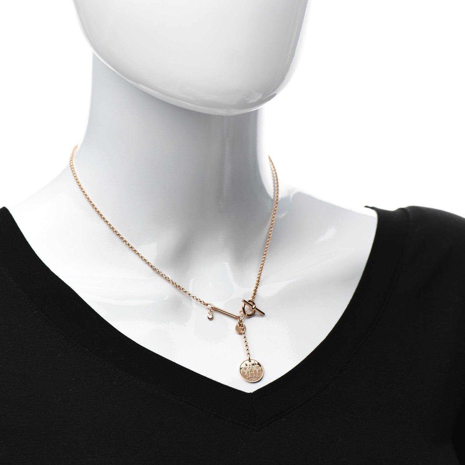 Hermes 18K Rose Gold Diamond PM Ex-Libris Pendant Necklace 2 of 5
