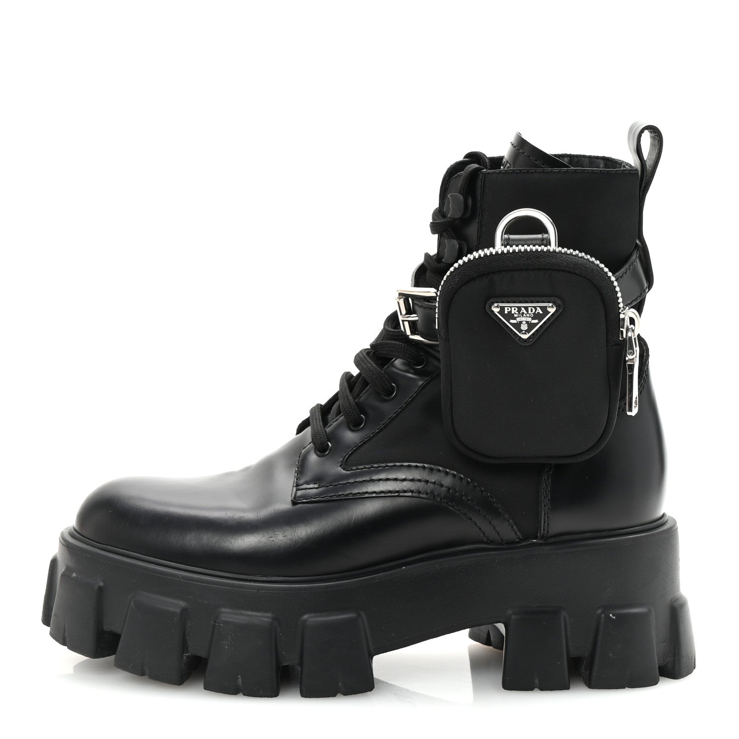 Prada Spazzolato Rois Nylon Metal Triangle Logo Monolith Pouch Pocket 55mm Boots 38 Black 1 of 9