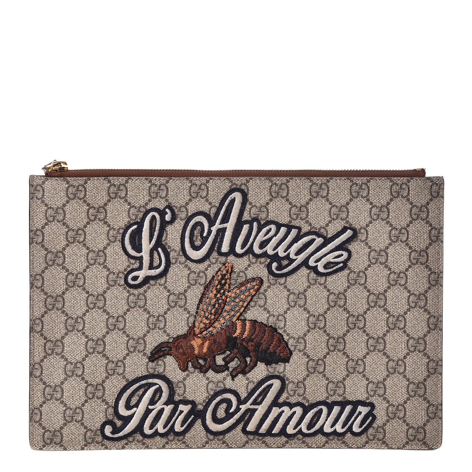 Gucci Calfskin GG Supreme Monogram Blind for Love Embroidered Large Zip Pouch Brown 1 of 12