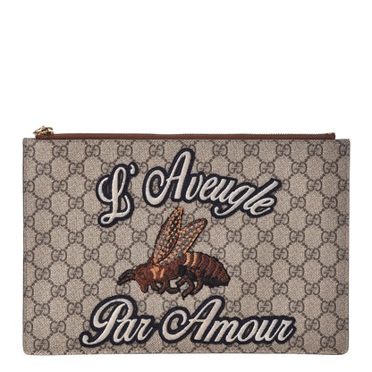 Gucci Calfskin GG Supreme Monogram Blind for Love Embroidered Large Zip Pouch Brown 1 of 12