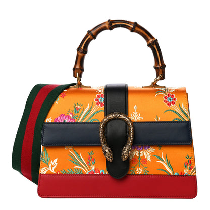 Gucci Satin Calfskin Bamboo Web Tokyo Print Medium Dionysus Top Handle Bag Giallo Multicolor Blue Agata Hibiscus Red 1 of 40