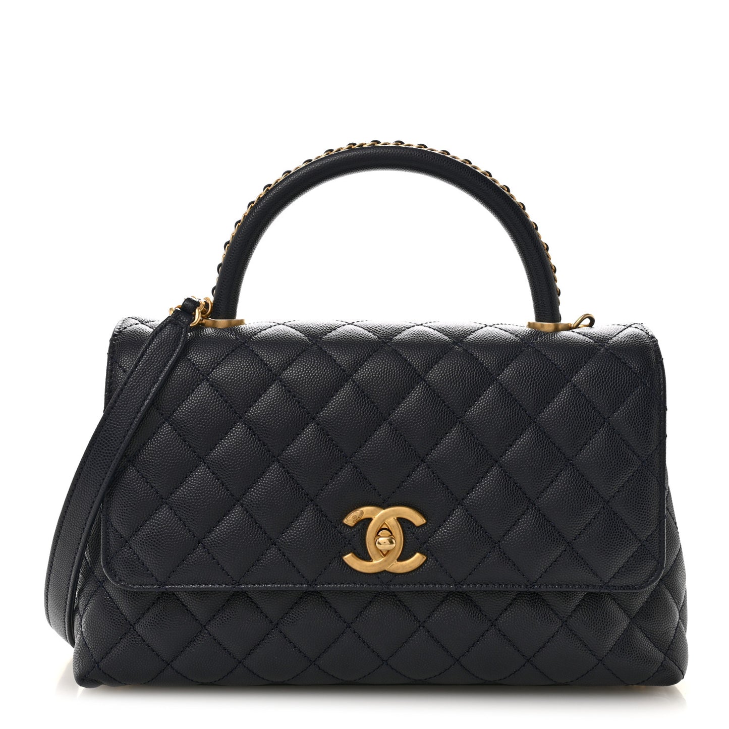 Caviar Quilted Small Coco Chain Handle Flap Navy Blue