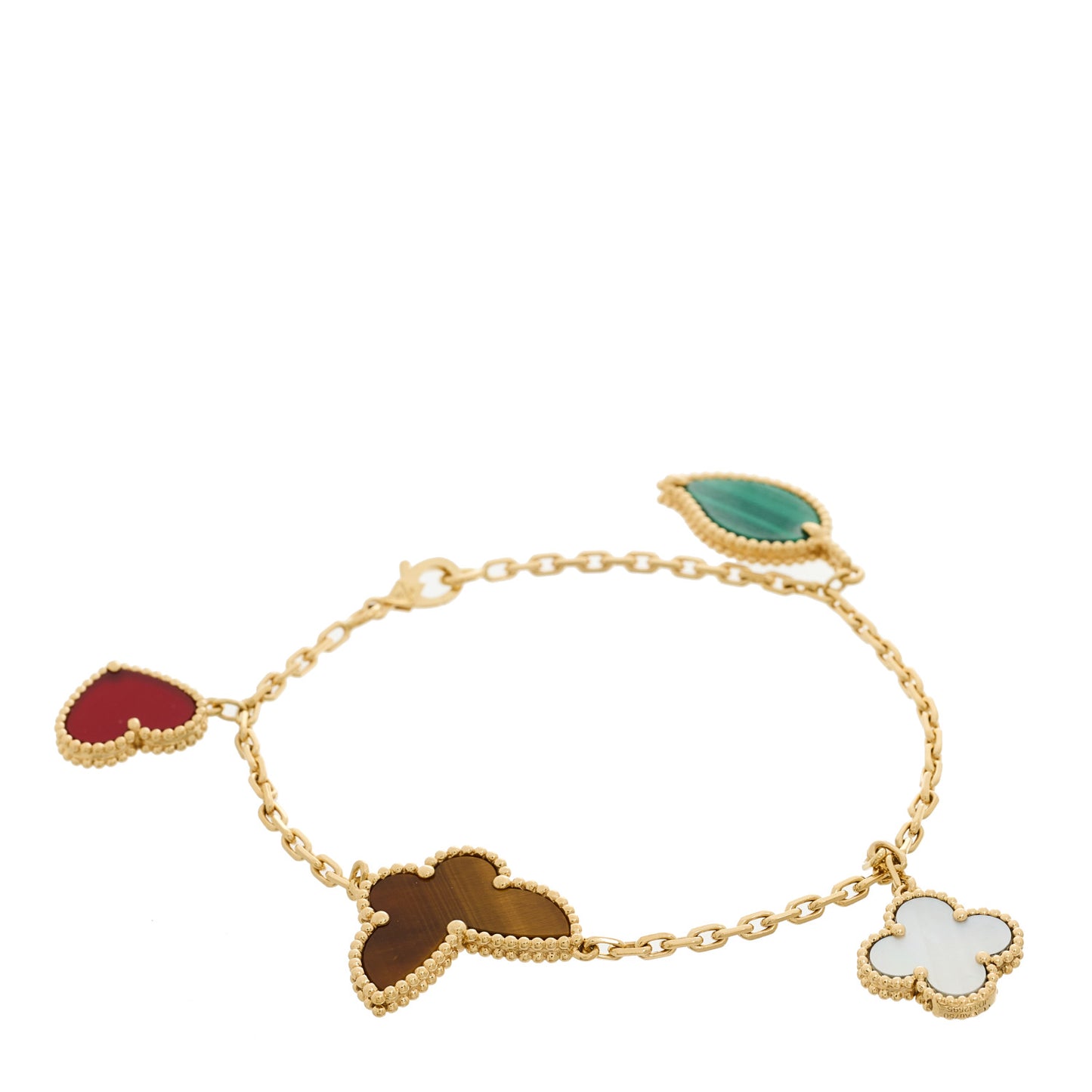18K Yellow Gold Mother of Pearl Malachite Carnelian Tiger Eye 4 Motifs Lucky Alhambra Bracelet