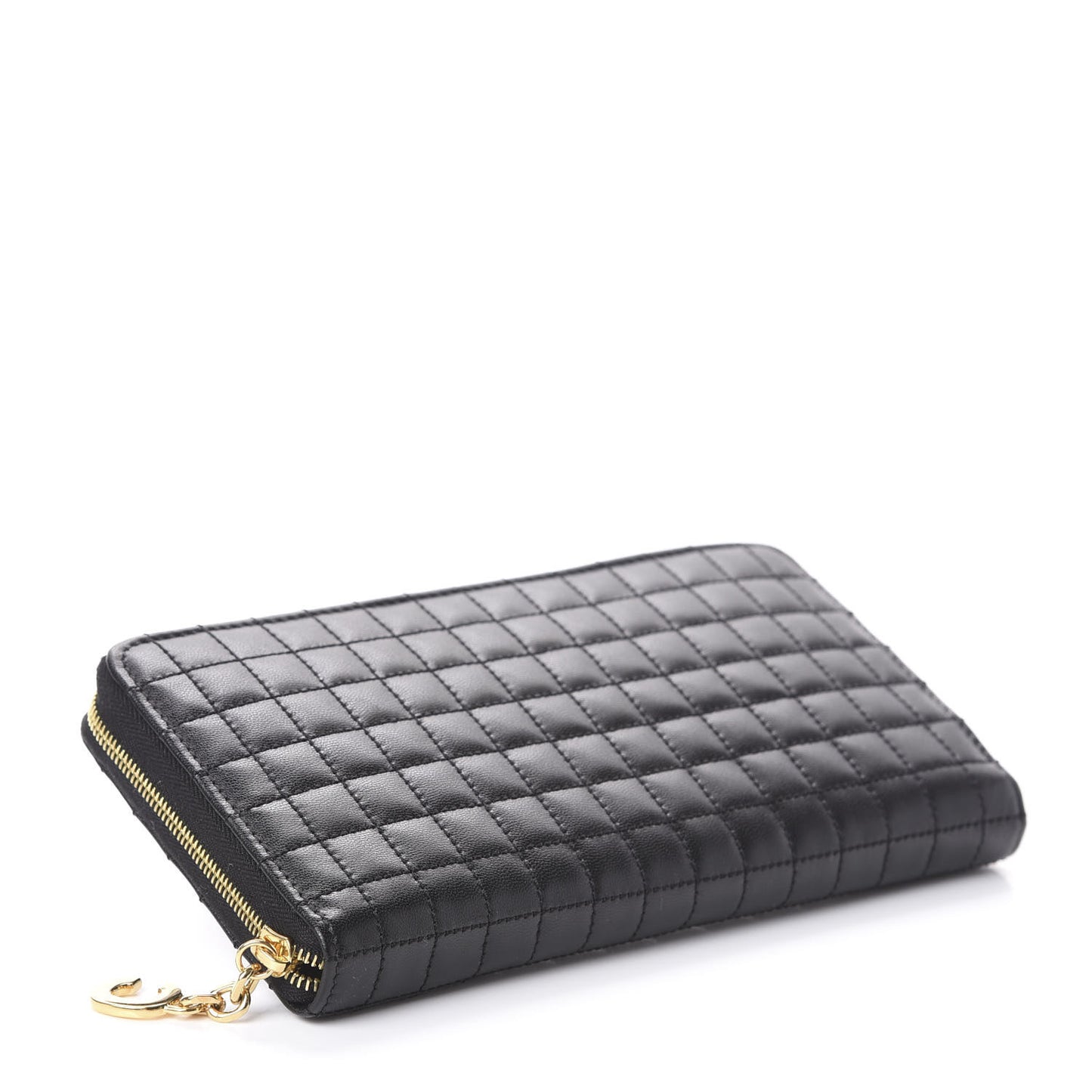 Lambskin Quilted Large C Charm Zip Around Wallet Black
