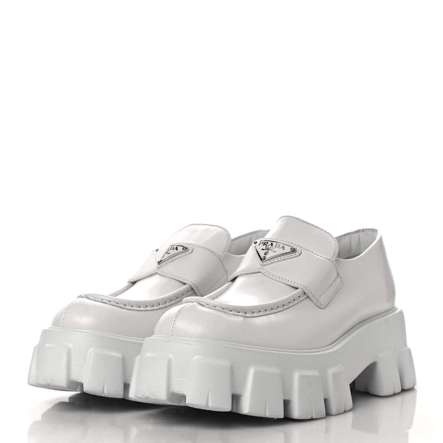 Prada Spazzolato Rois Metal Triangle Logo Monolith 55mm Loafers 38.5 White 3 of 11