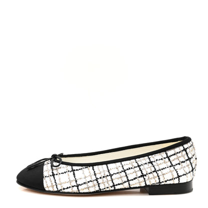 Chanel Tweed Grosgrain Cap Toe Ballerina Flats 37.5 White Gold Black 1 of 8