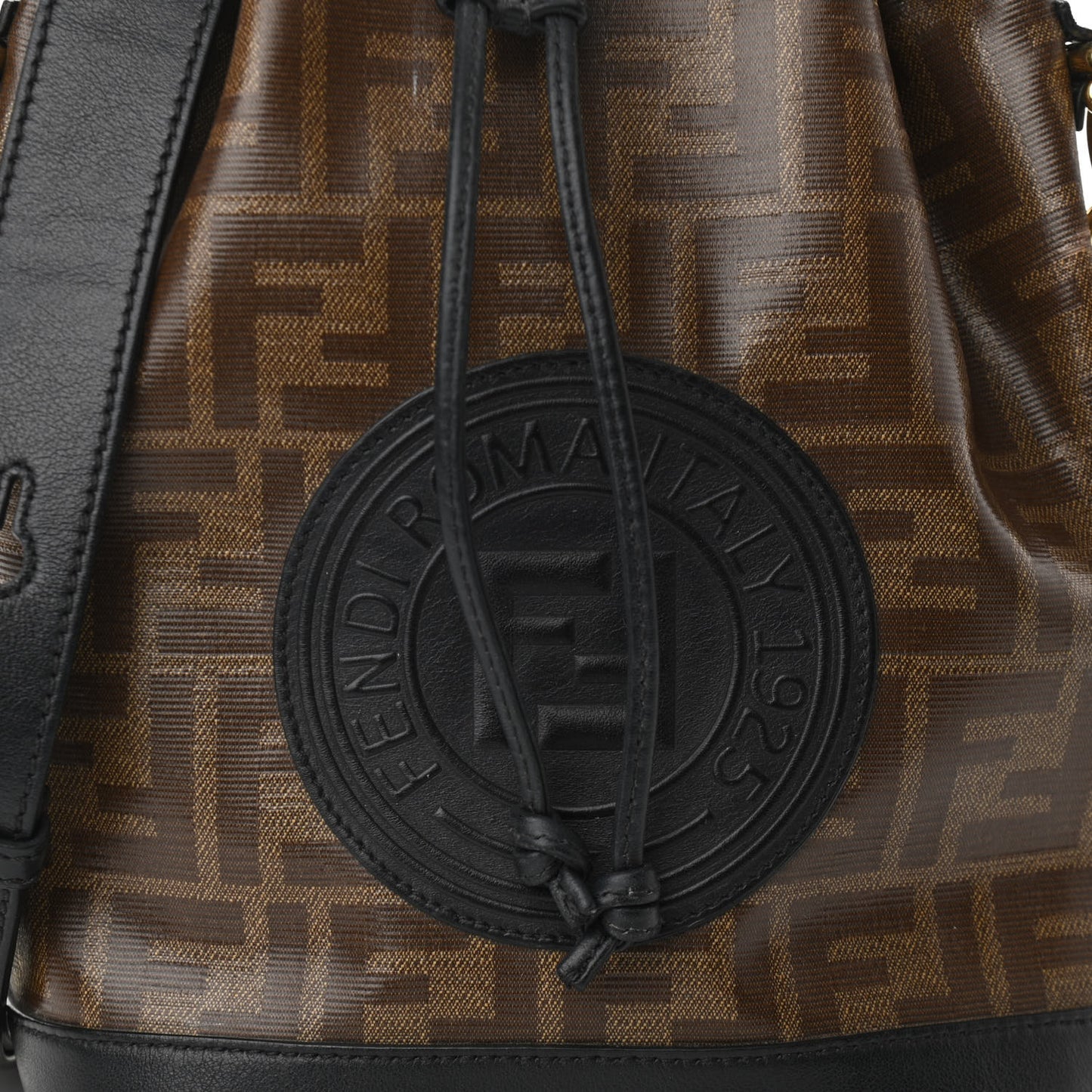 Glazed Fabric Vitello Grace F is Fendi FF 1974 Stamp Patch Grande Mon Tresor Bucket Bag Mogano Panna Black