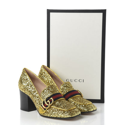 Gucci Glitter Nappa Web Peyton 75mm Loafer Pumps 36.5 Oro Vecchio 9 of 9