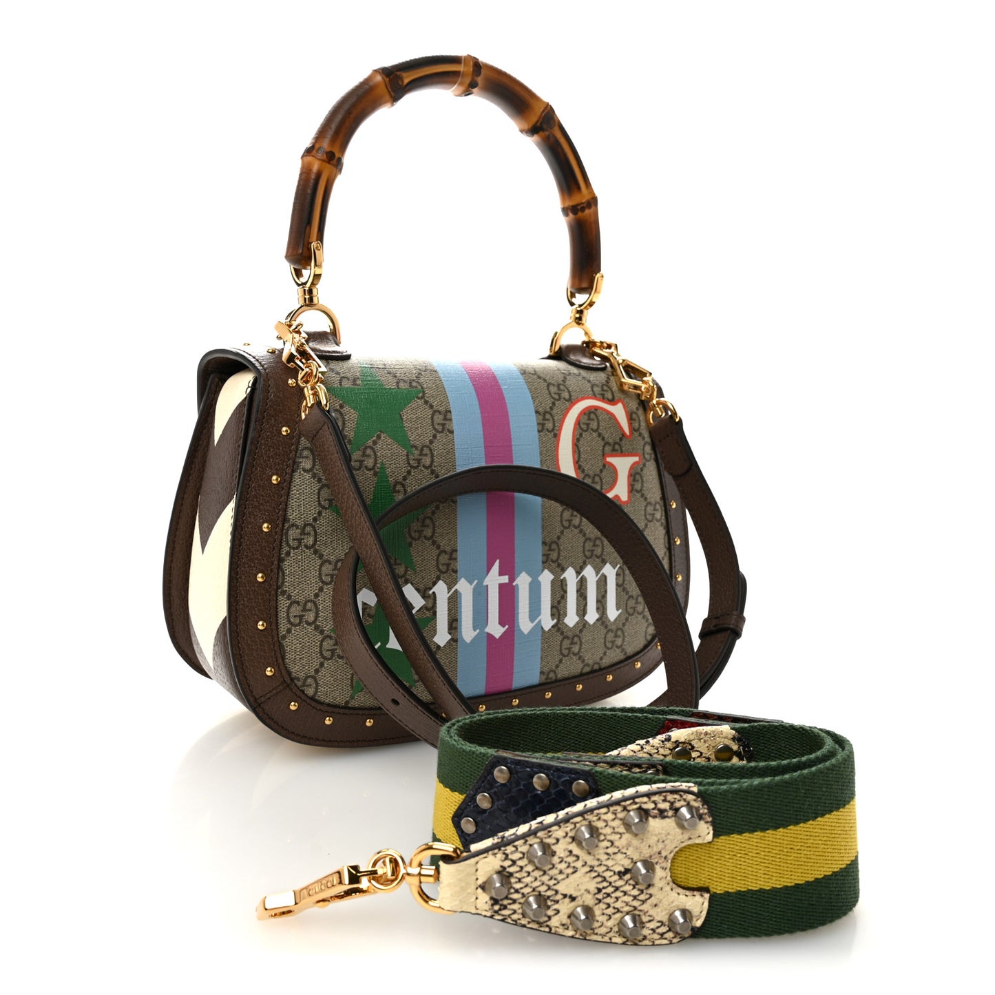 GG Supreme Monogram Studded Calfskin 100 Centennial Geometric Medium Bamboo 1947 Top Handle Bag  Beige Ebony Multicolor