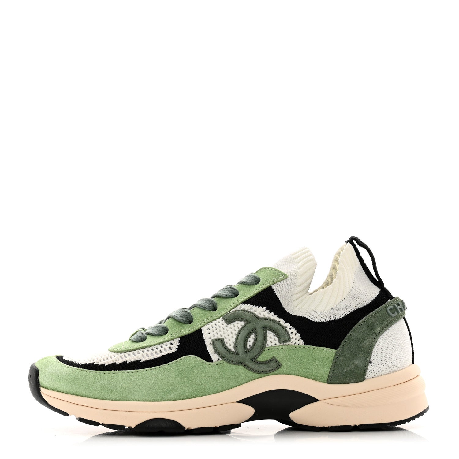 Chanel Knit Suede Fabric Womens CC Sneakers Green Dark 38.5 Green Dark Green White Black 1 of 7