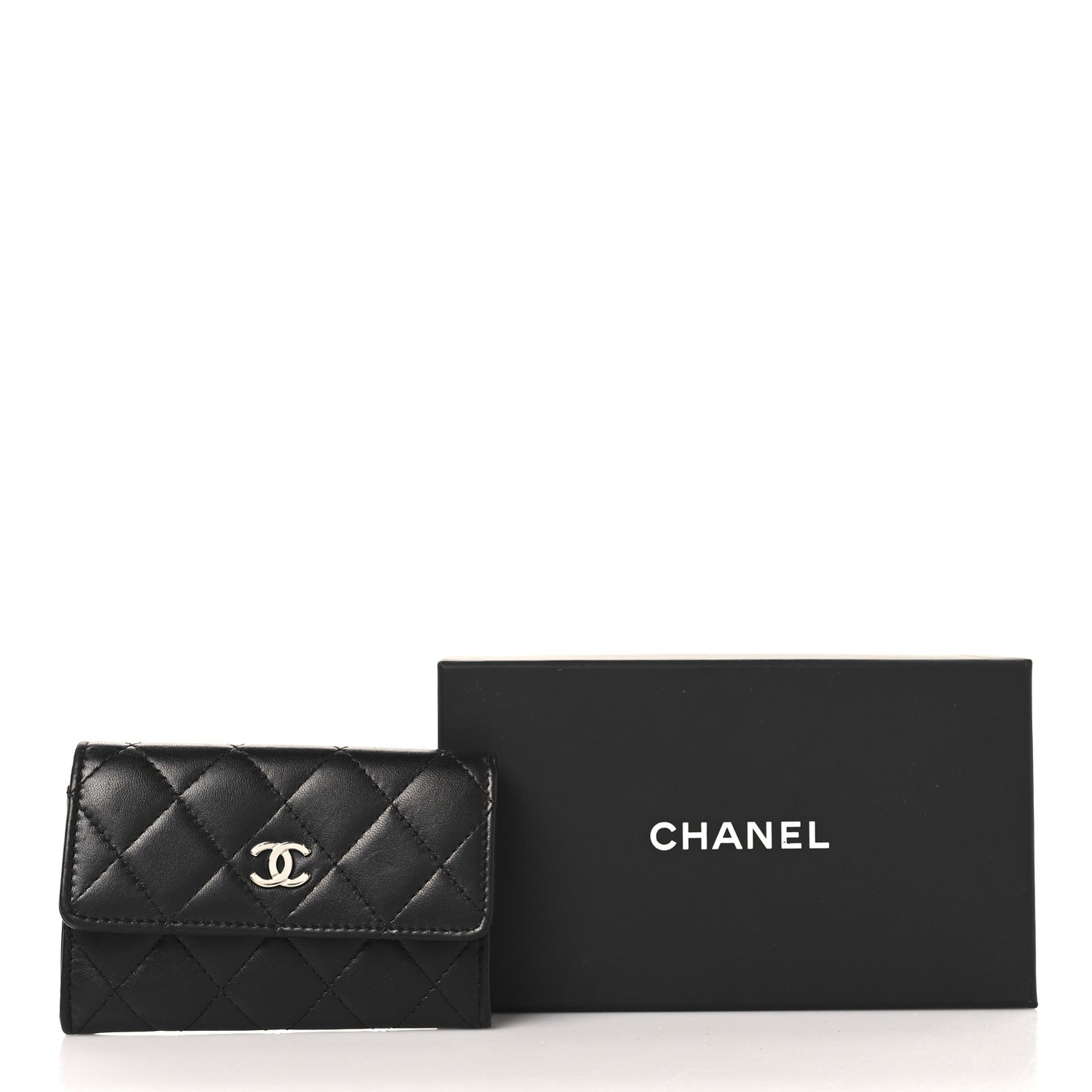Lambskin Quilted Flap Card Holder Black