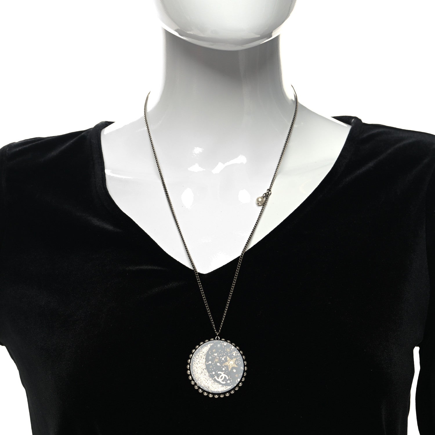 Chanel Glittered Resin Crystal Pearl CC Moon Pendant Necklace Black Gold Silver 2 of 5