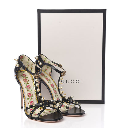 Gucci Malaga Kid Pearl Studded Regina T-Strap High Heel Sandals 38 Black 8 of 8