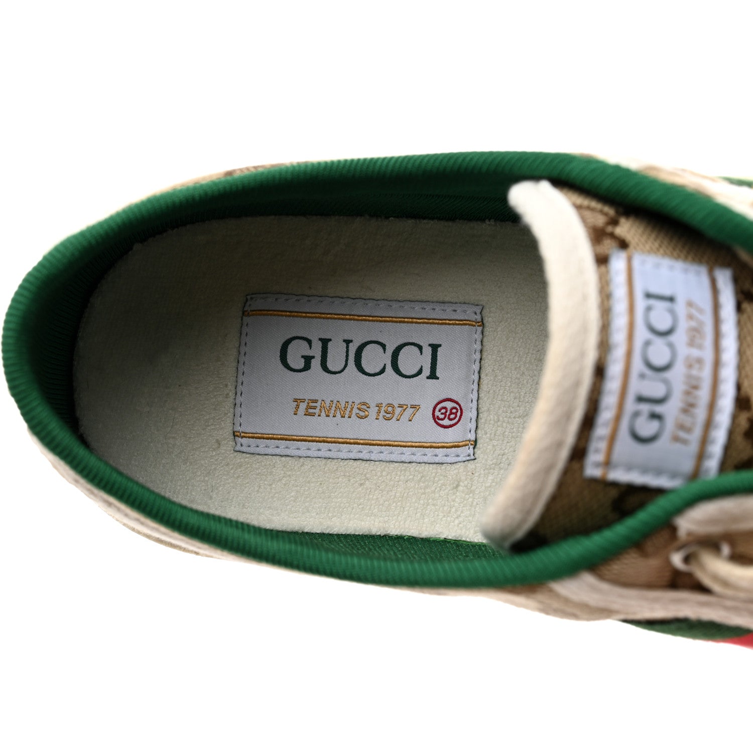 Gucci GG Monogram Web Womens 1977 Tennis Sneakers 38 Beige Ebony Mystic White 7 of 8