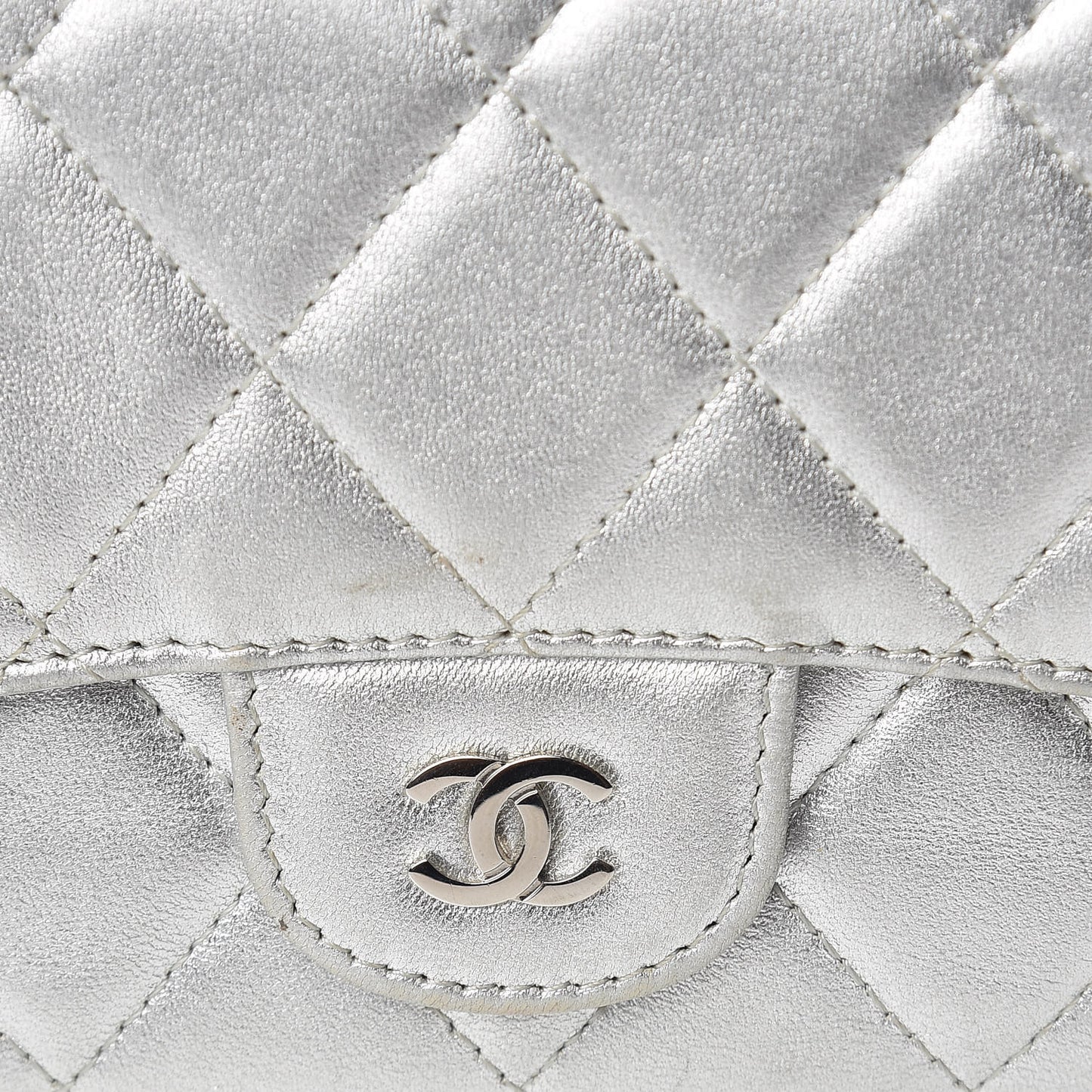 Metallic Lambskin Quilted Long Flap Wallet Silver