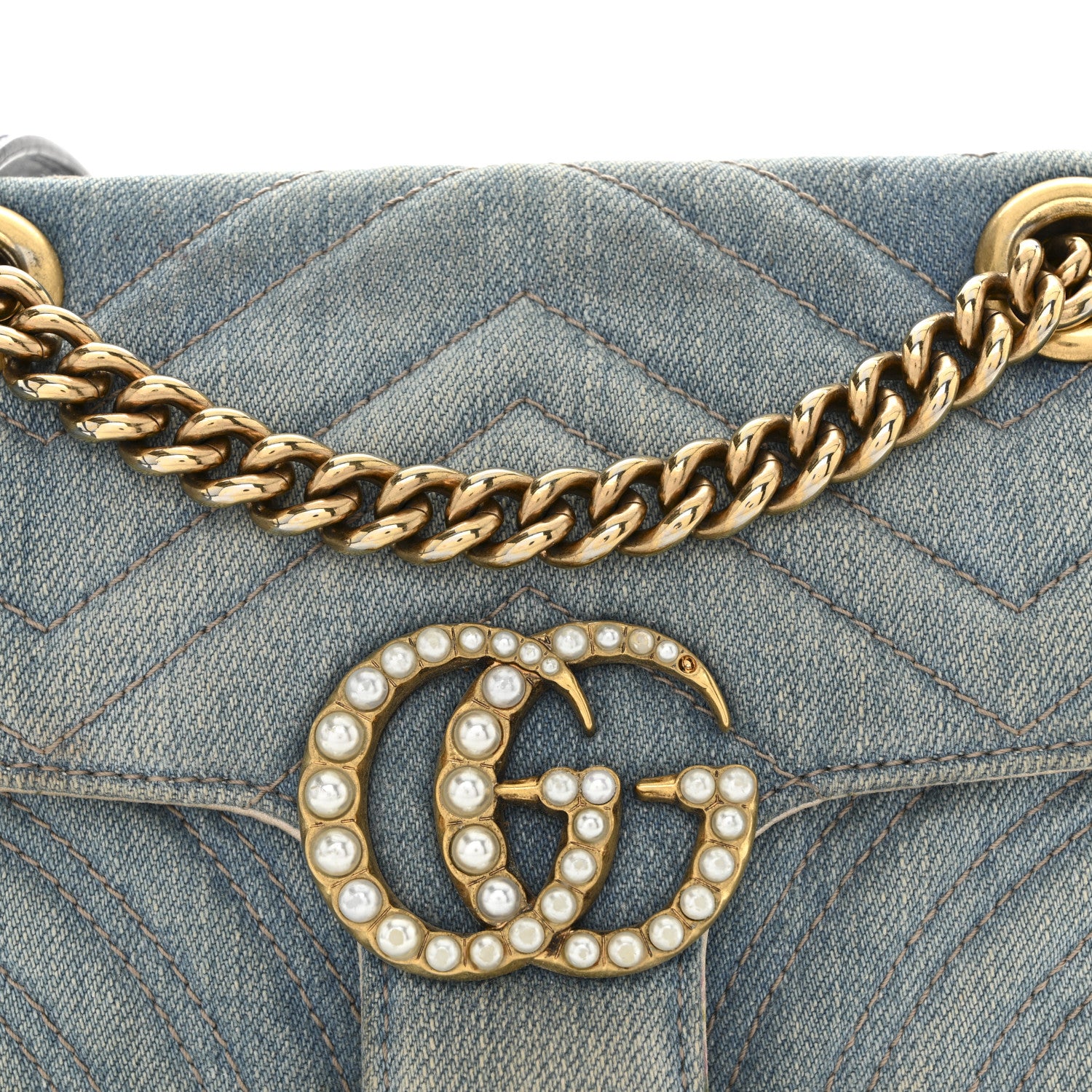 Gucci Denim Matelasse Mini Pearly GG Marmont Shoulder Bag Blue 9 of 14