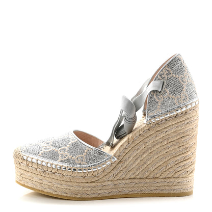 Gucci Lame GG Monogram Ankle Wrap Platform Espadrille Wedges 39.5 Silver Beige Light Grey 1 of 11