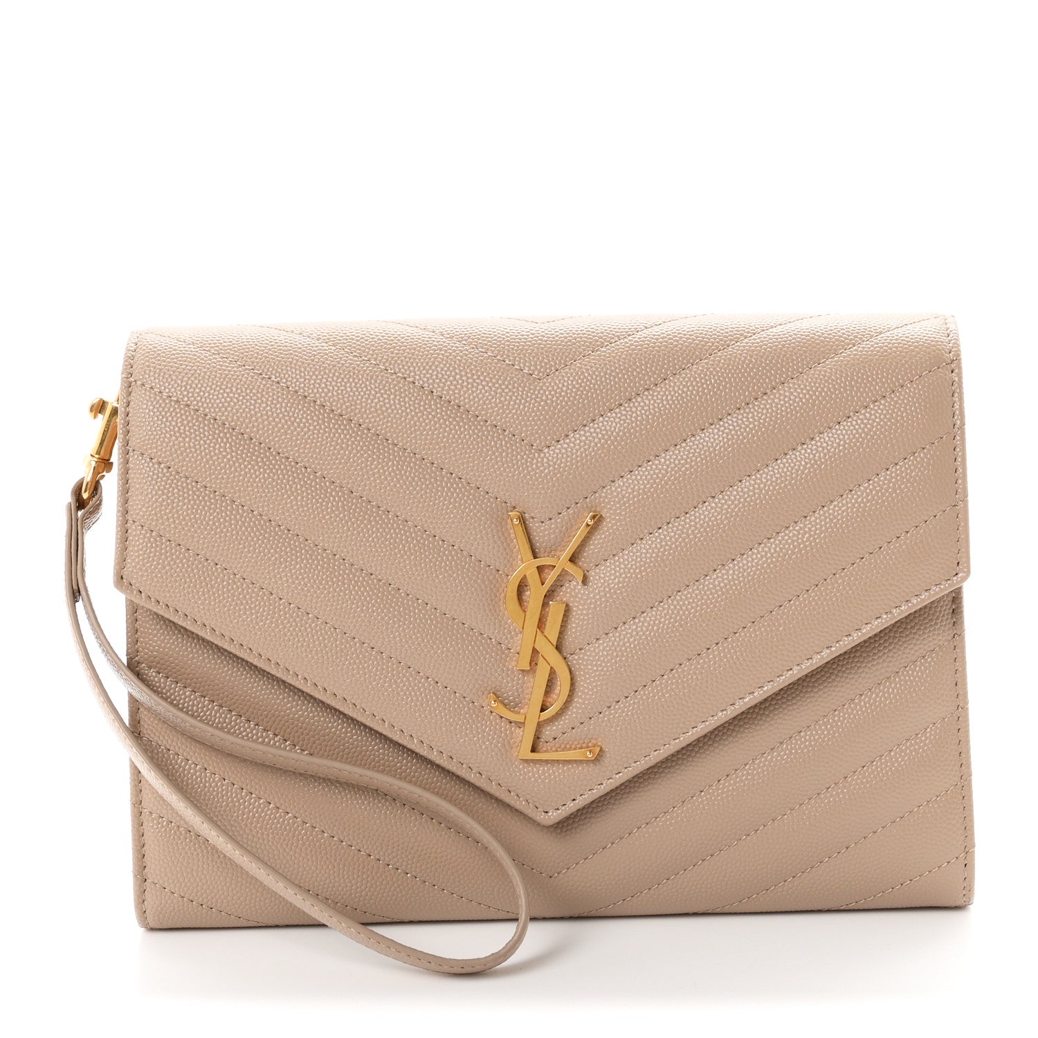 Saint Laurent Grain De Poudre Matelasse Chevron Monogram Envelope Clutch Dark Beige 1 of 7