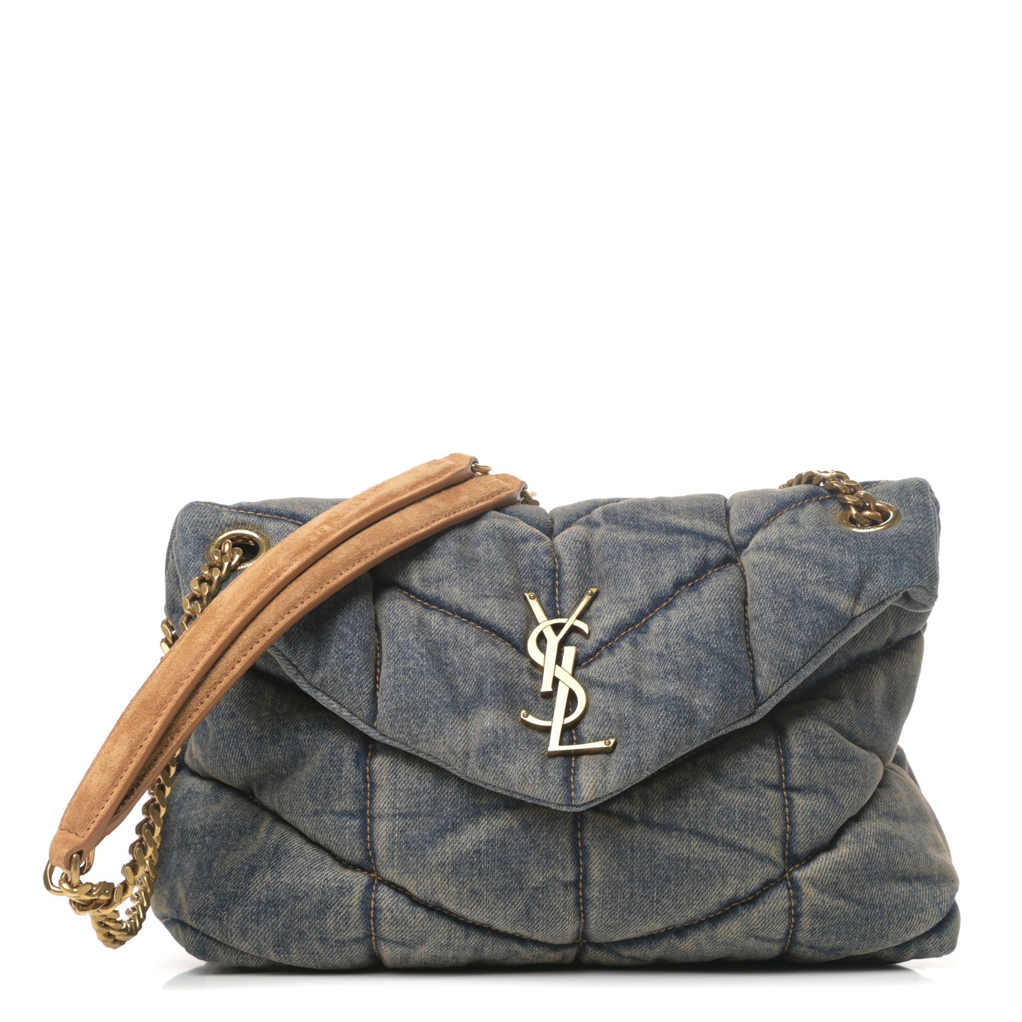 Denim Quilted Small Loulou Puffer Monogram Chain Satchel Blue Cinnamon