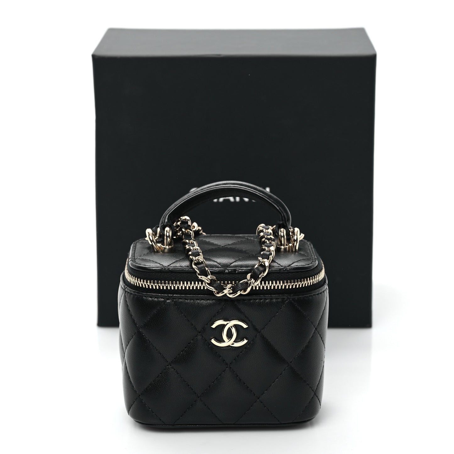 Lambskin Quilted Top Handle Mini Vanity Case With Chain Black