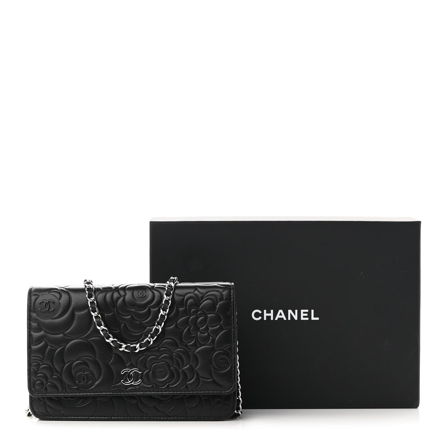 Lambskin Camellia Embossed Wallet on Chain WOC Black