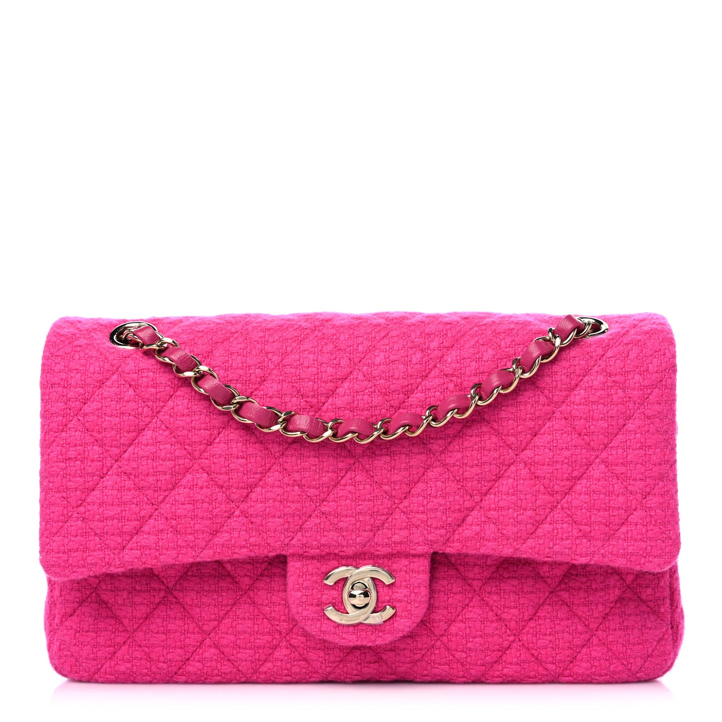 Tweed Quilted Medium Double Flap Fuchsia
