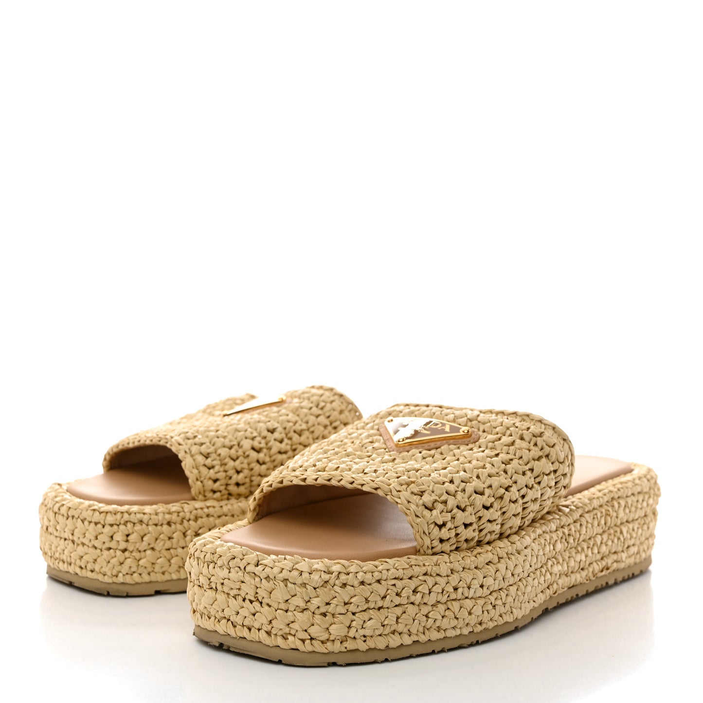 Raffia Metal Triangle Logo Woven Flatform 35mm Slide Sandals 36 Naturale
