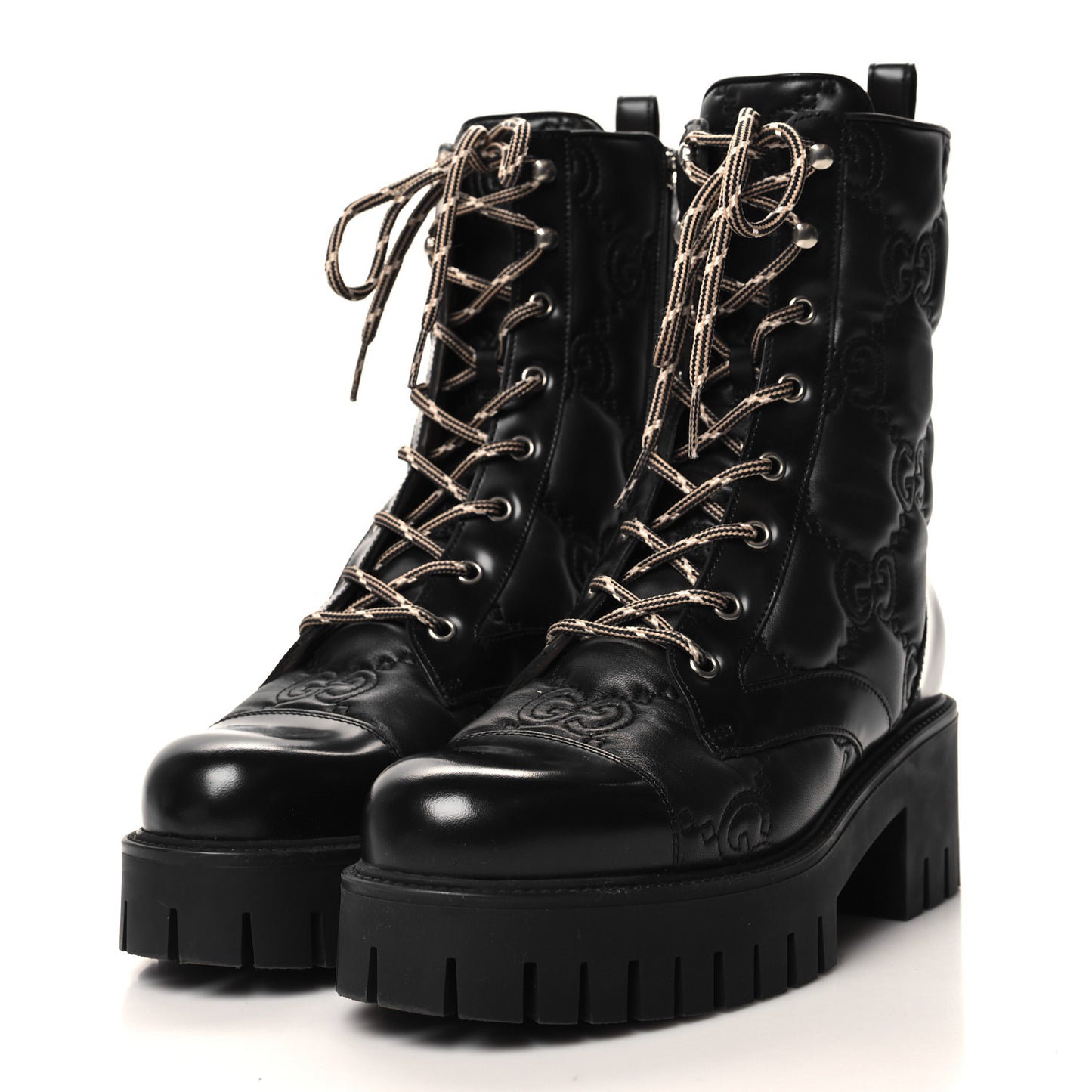 Cordovan Lux Nappa GG Matelasse Lace Up 60mm Combat Boots 40 Black
