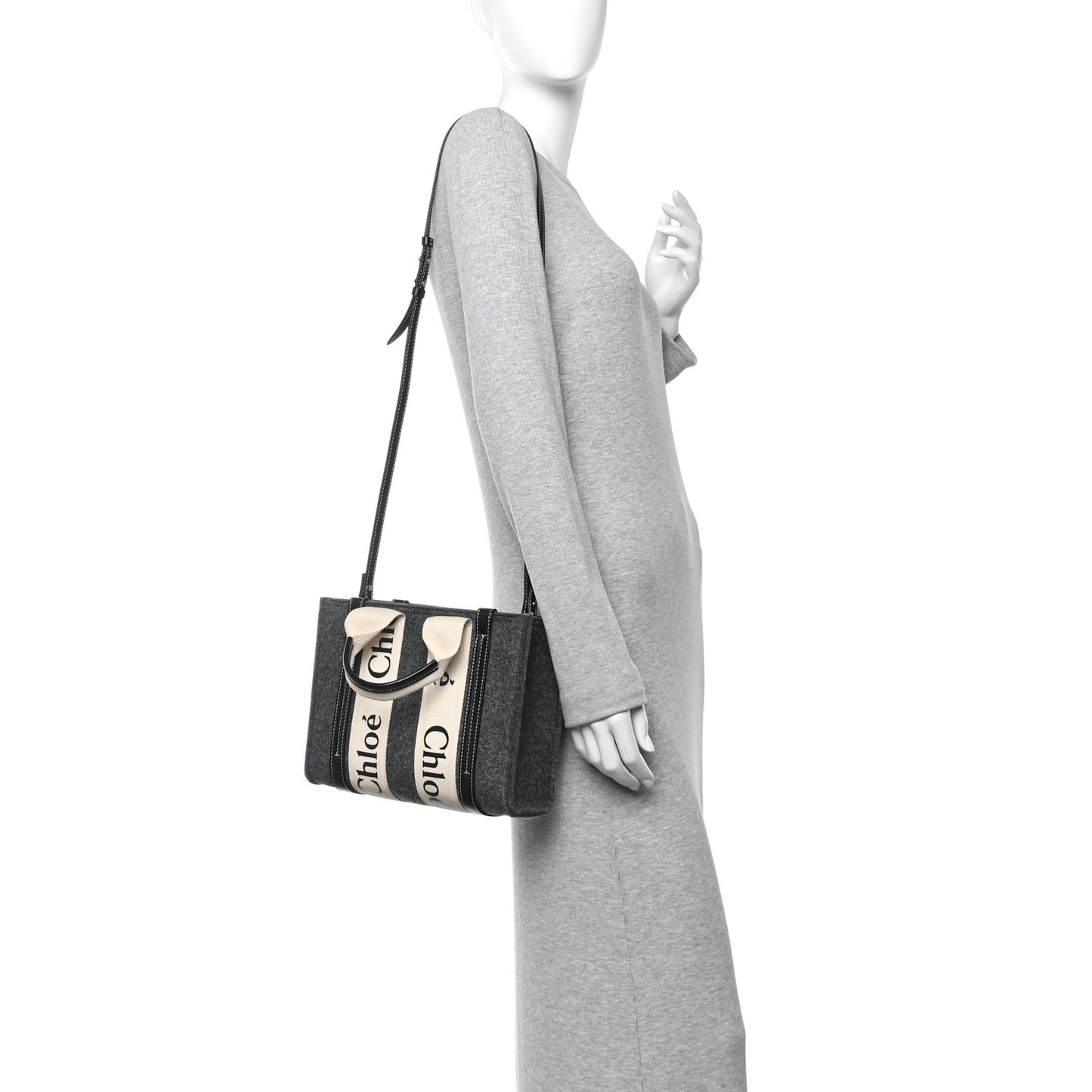 Felt Calfskin Small Woody Ribbon Tote With Strap Cashmere Grey
