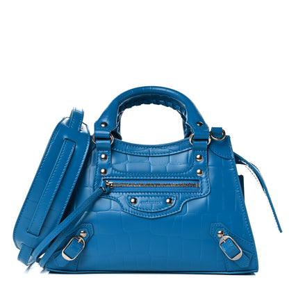 Balenciaga Semi Shiny Calfskin Crocodile Embossed Neo Classic Silver Hardware Mini City Turquoise 1 of 12