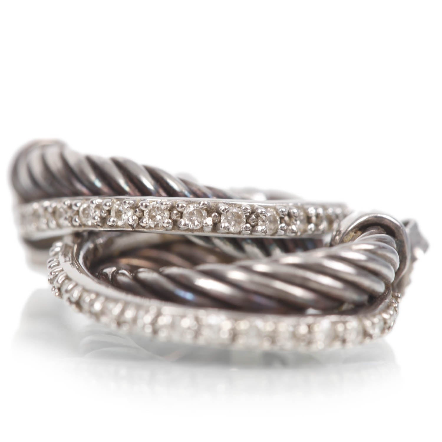 David Yurman 14k White Gold and Sterling Silver Pave Diamond Ice Crossover Diamond Hoop Earrings 5 of 7