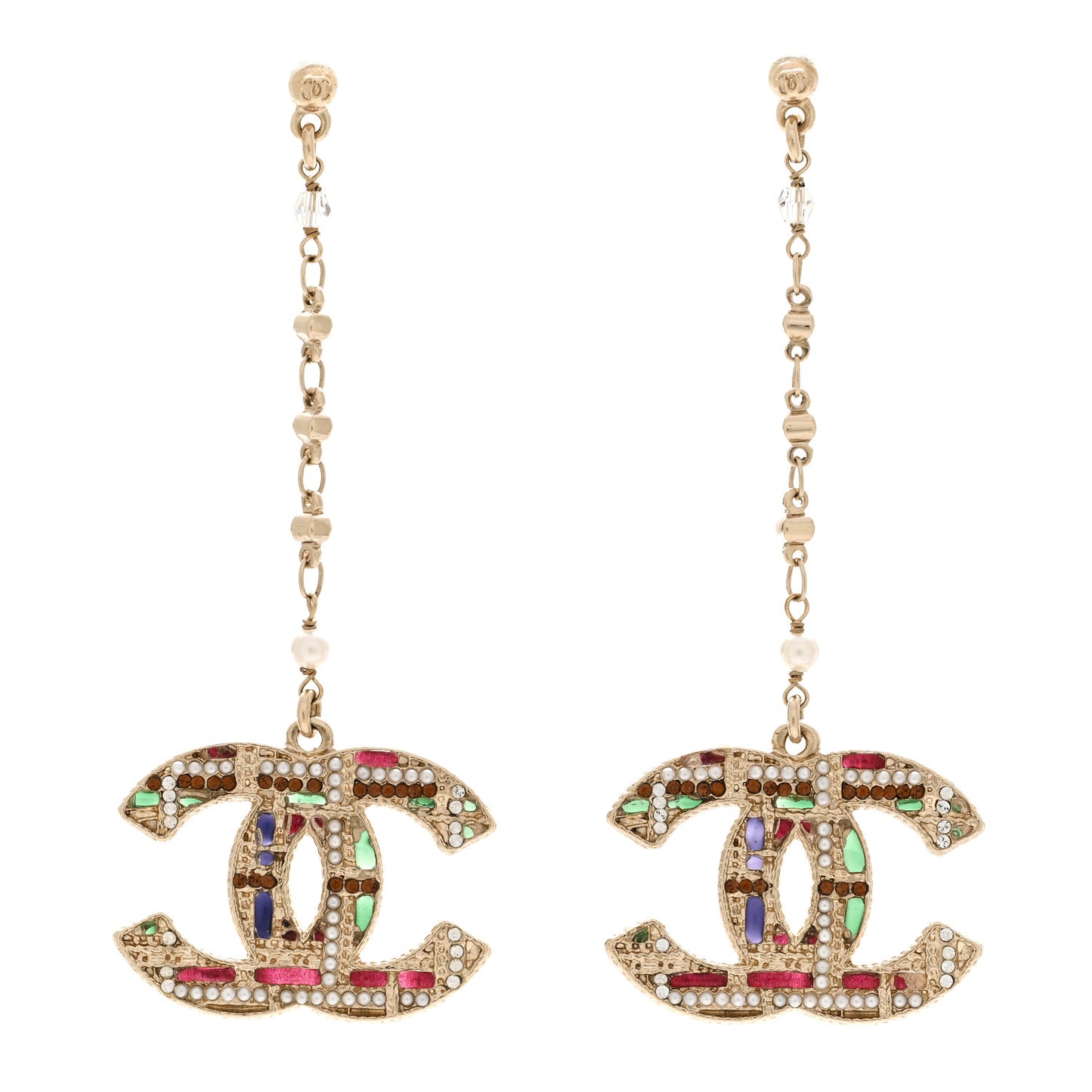 Pearl Crystal CC Tweed Drop Earrings Gold Brown Green