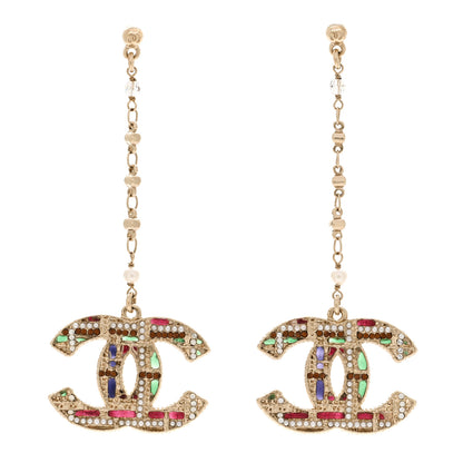 Chanel Pearl Crystal CC Tweed Drop Earrings Gold Brown Green 1 of 5