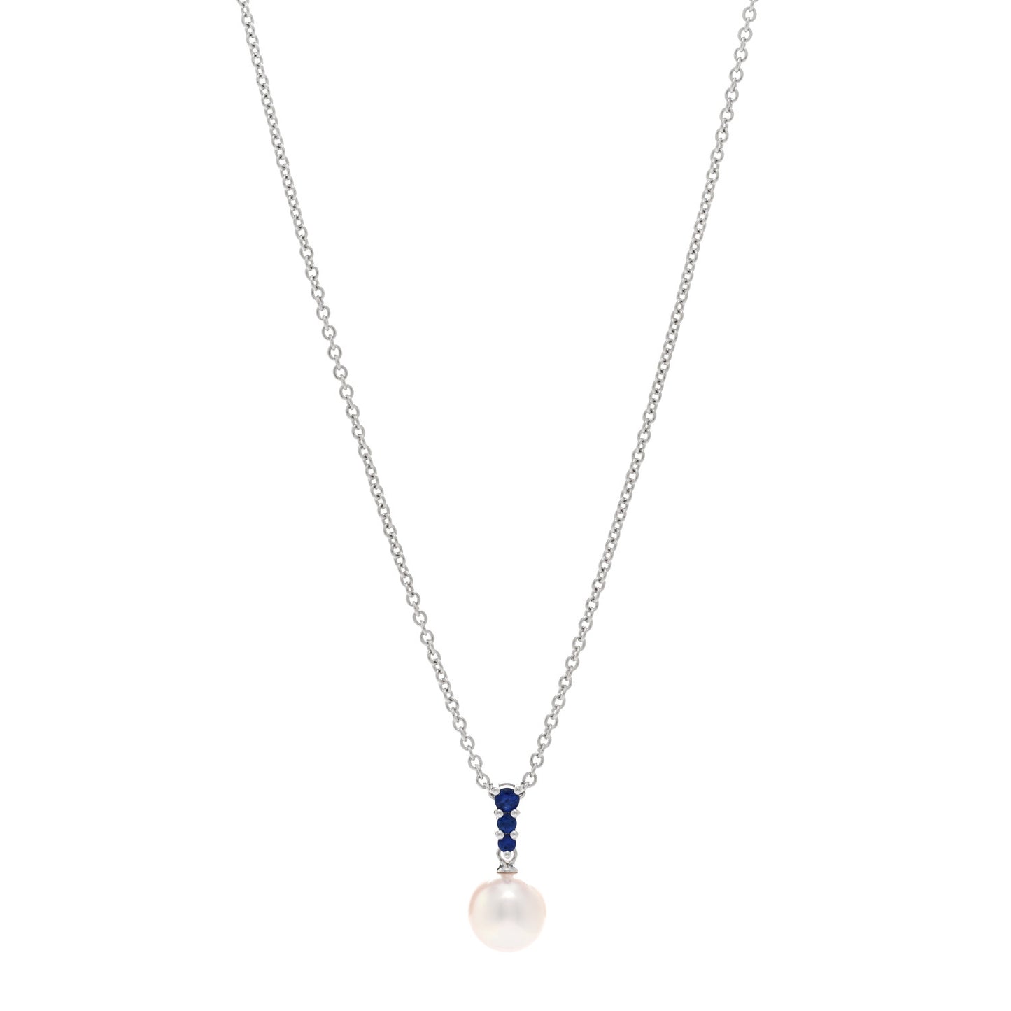 18K White Gold Blue Sapphire Akoya Pearl 8-8.5mm Morning Dew Pendant Necklace