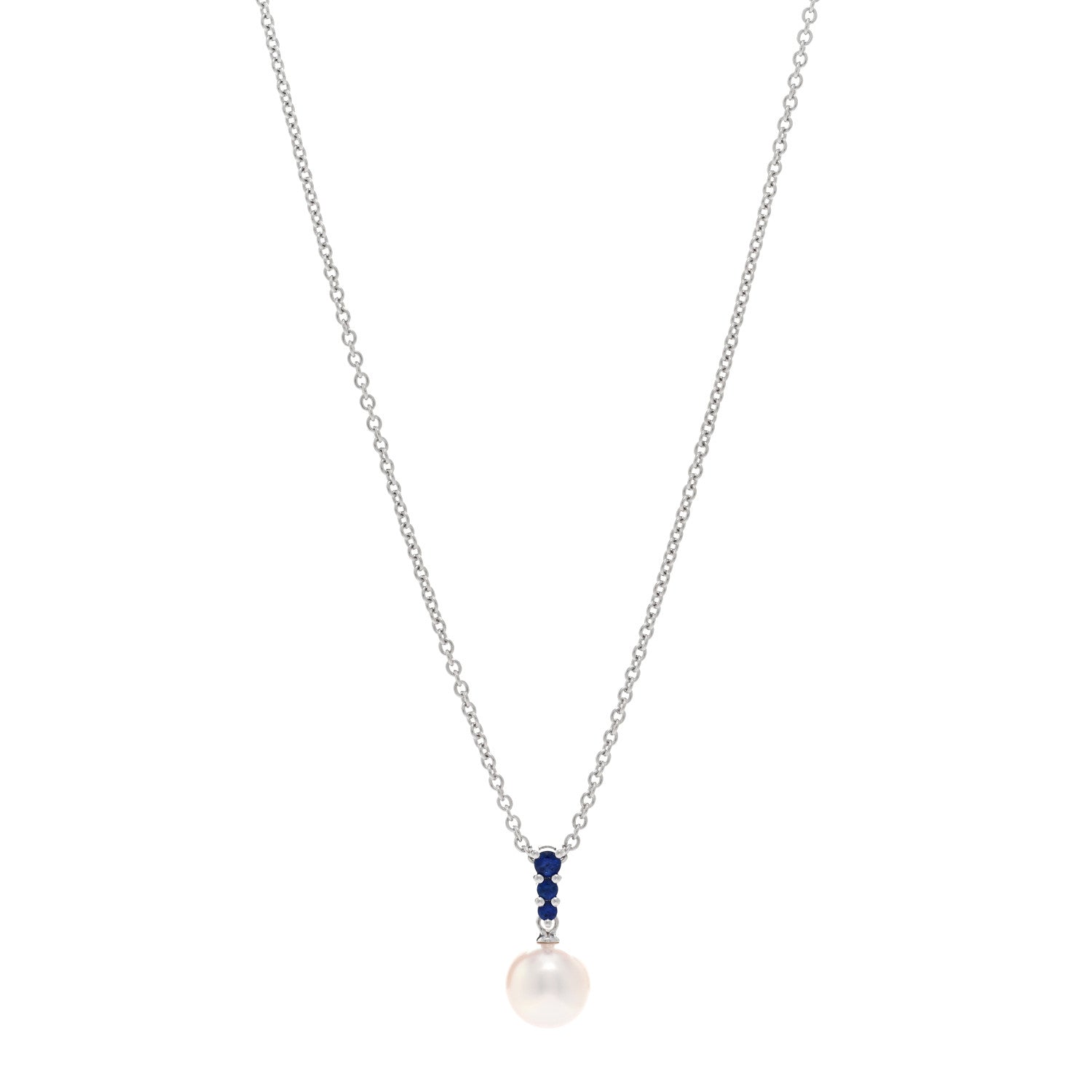 Mikimoto 18K White Gold Blue Sapphire Akoya Pearl 8-8.5mm Morning Dew Pendant Necklace 1 of 5