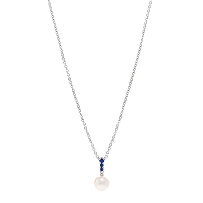 Mikimoto 18K White Gold Blue Sapphire Akoya Pearl 8-8.5mm Morning Dew Pendant Necklace 1 of 5