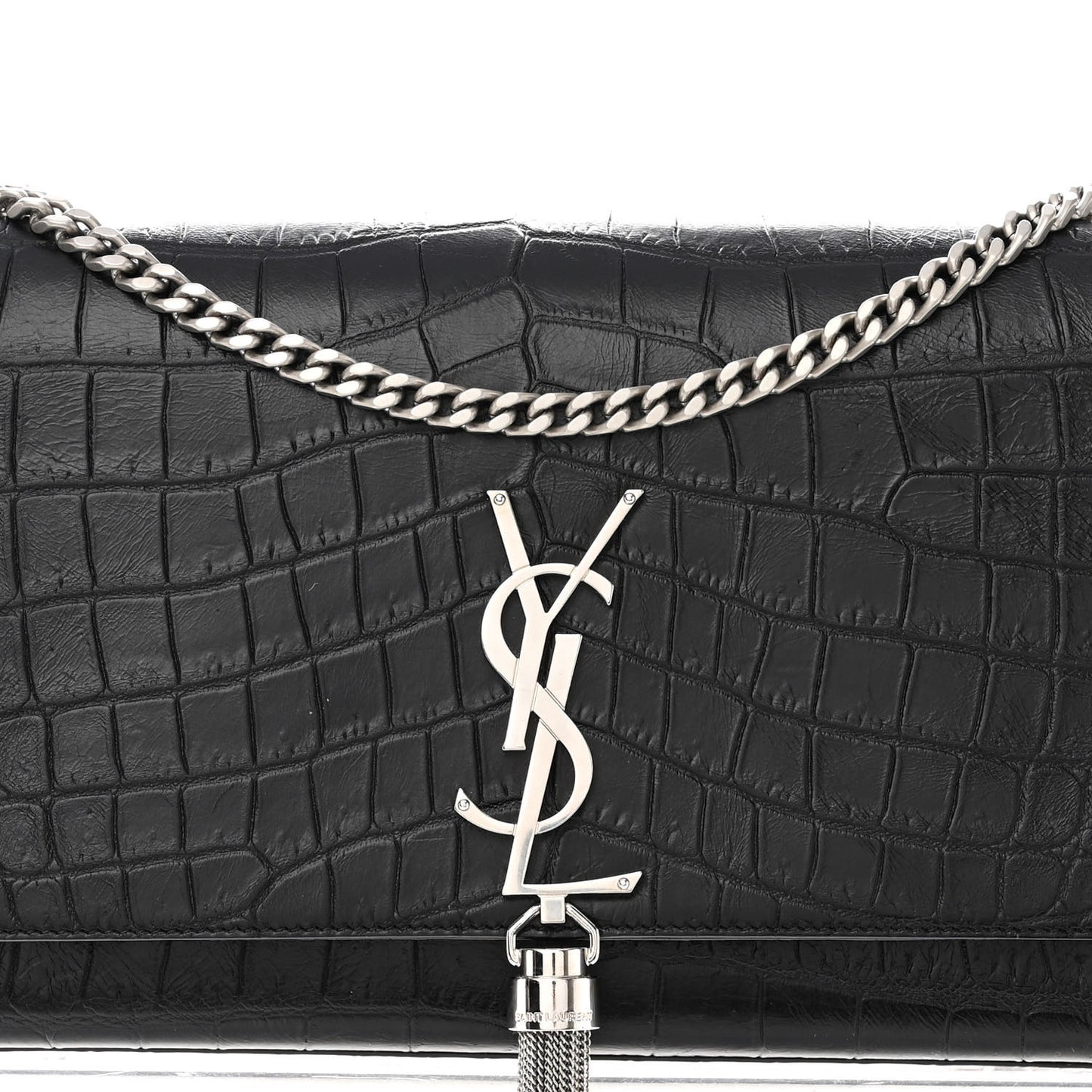 Calfskin Crocodile Embossed Medium Classic Monogram Kate Tassel Satchel Black