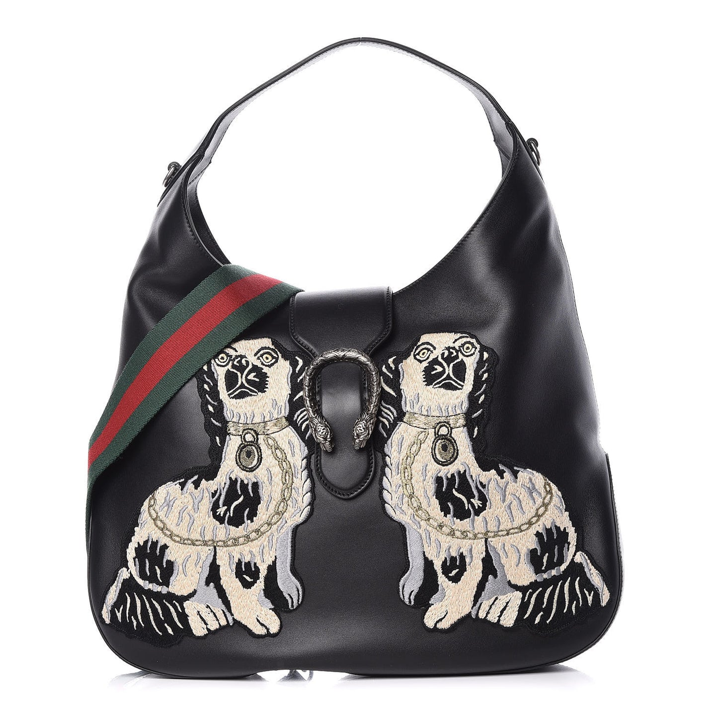 Calfskin Web Dog Embroidered Large Dionysus Hobo Black