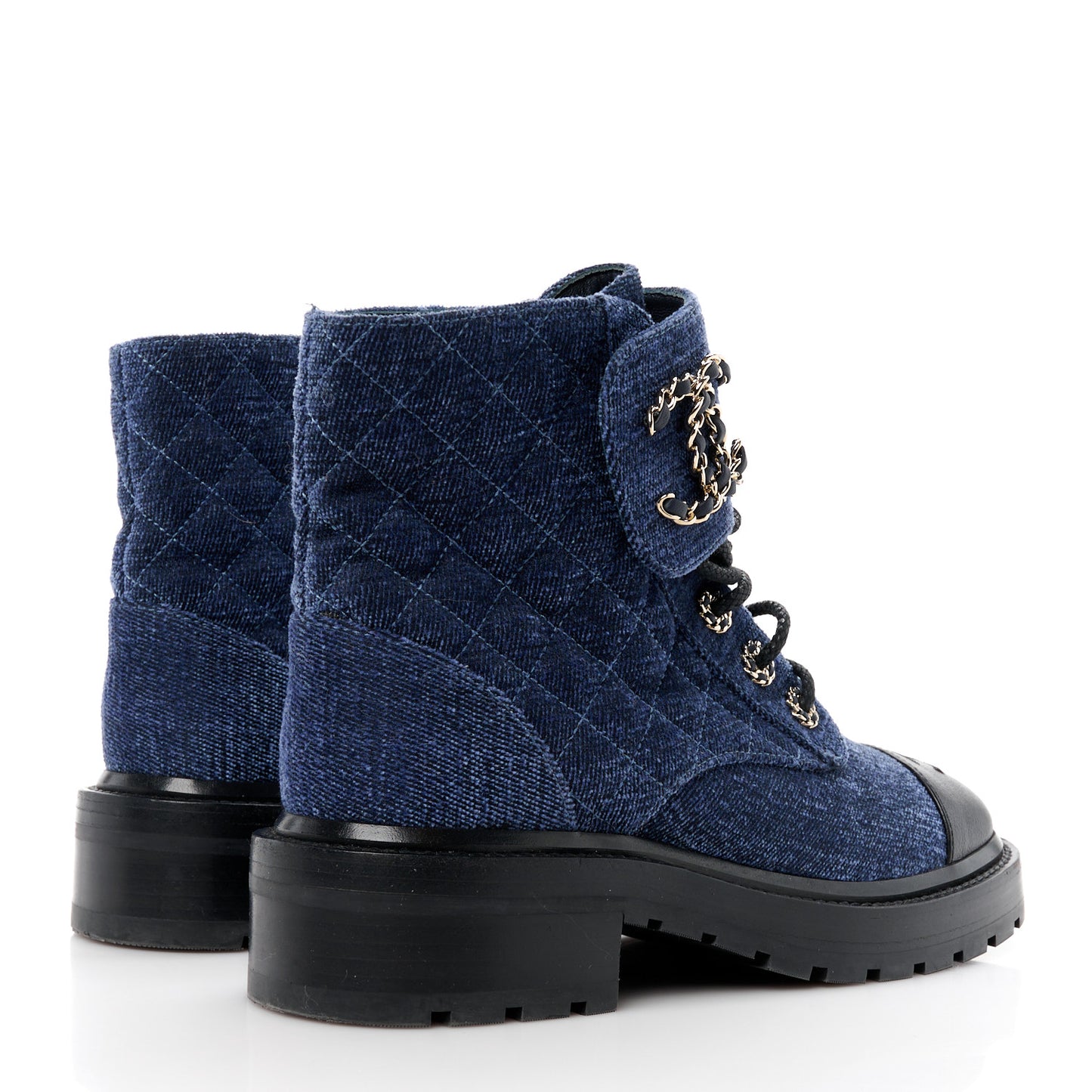 Denim Calfskin Quilted Lace Up Combat Boots 36.5 Blue