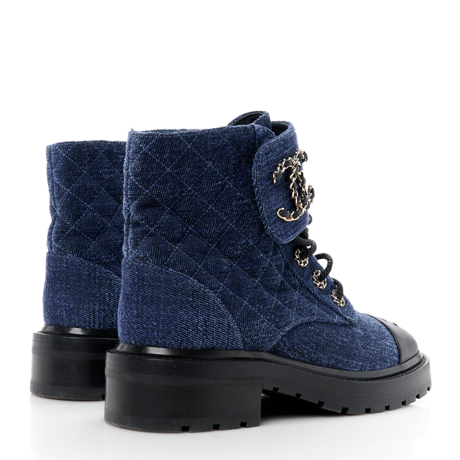 Chanel Denim Calfskin Quilted Lace Up Combat Boots 36.5 Blue 4 of 8